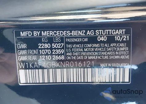 2022 Mercedes-Benz C 300 Sedan from USA, damaged, VIN W1KAF4GBXNR016121